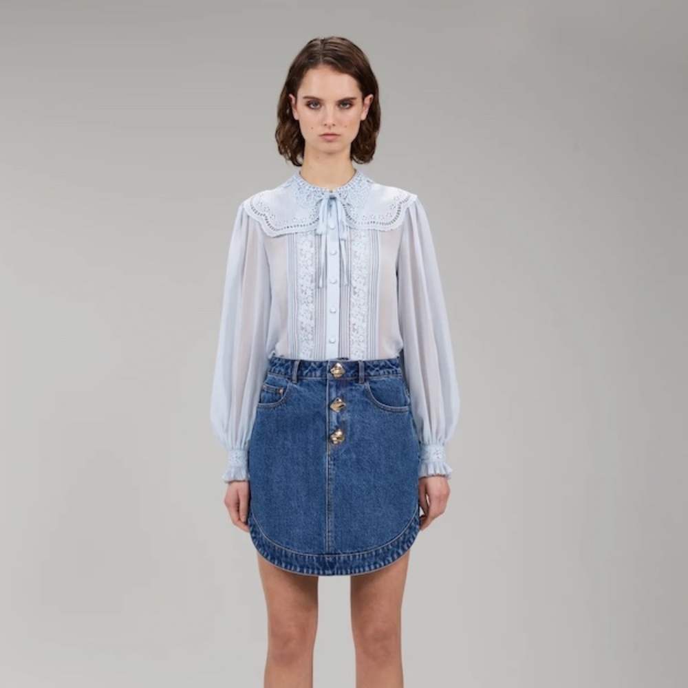 Self-portrait Light Blue Broderie Collar Chiffon Blouse US8